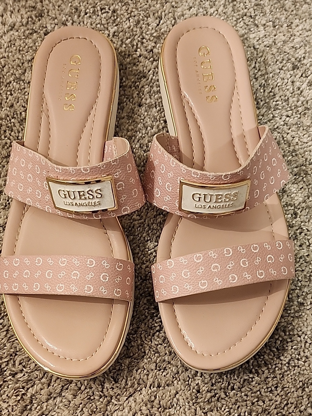 GUESS Blush Pink Double Strap Logo Slide Sandals